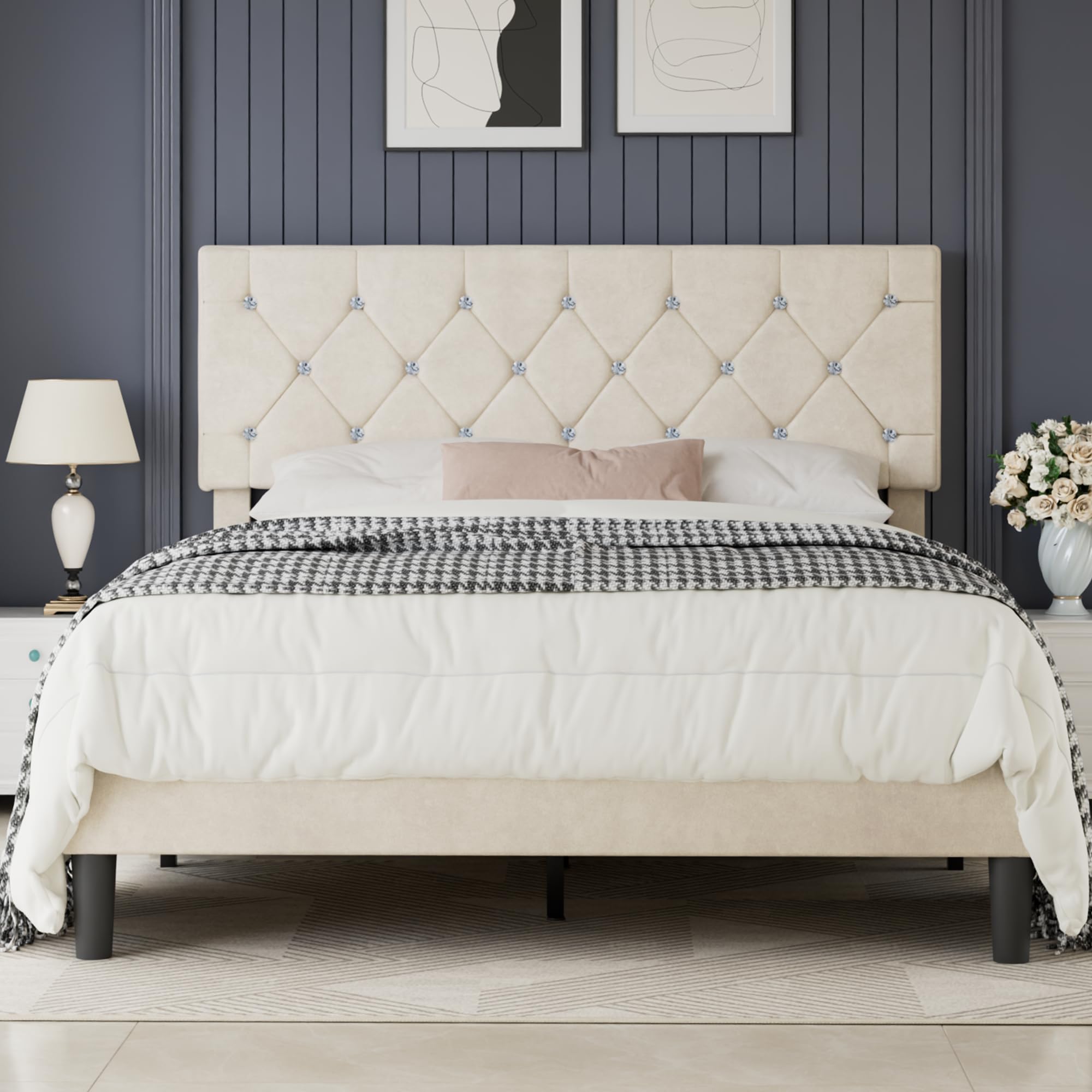 VECELO Full Size Bed Frame, Upholstered Platform with Adjustable Diamond Tufted Headboard, Wood Slat Support, No Box Spring Needed, Beige