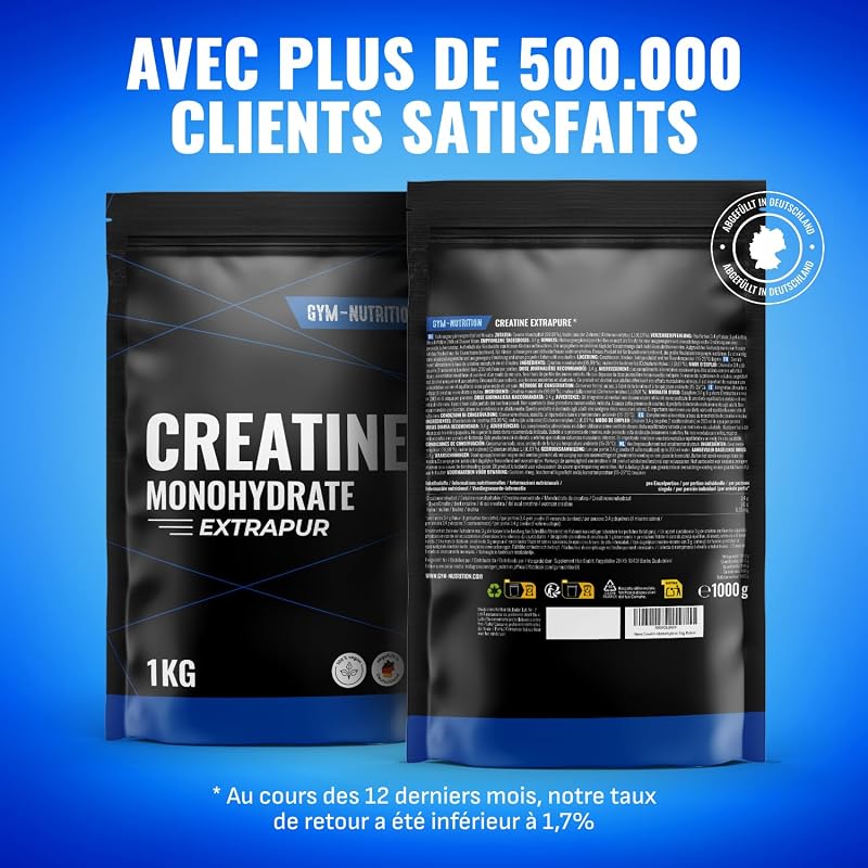 Creatine Monohydrate Poudre – 1 kg (1000g) - avec Inuline - EXTRAPURE®