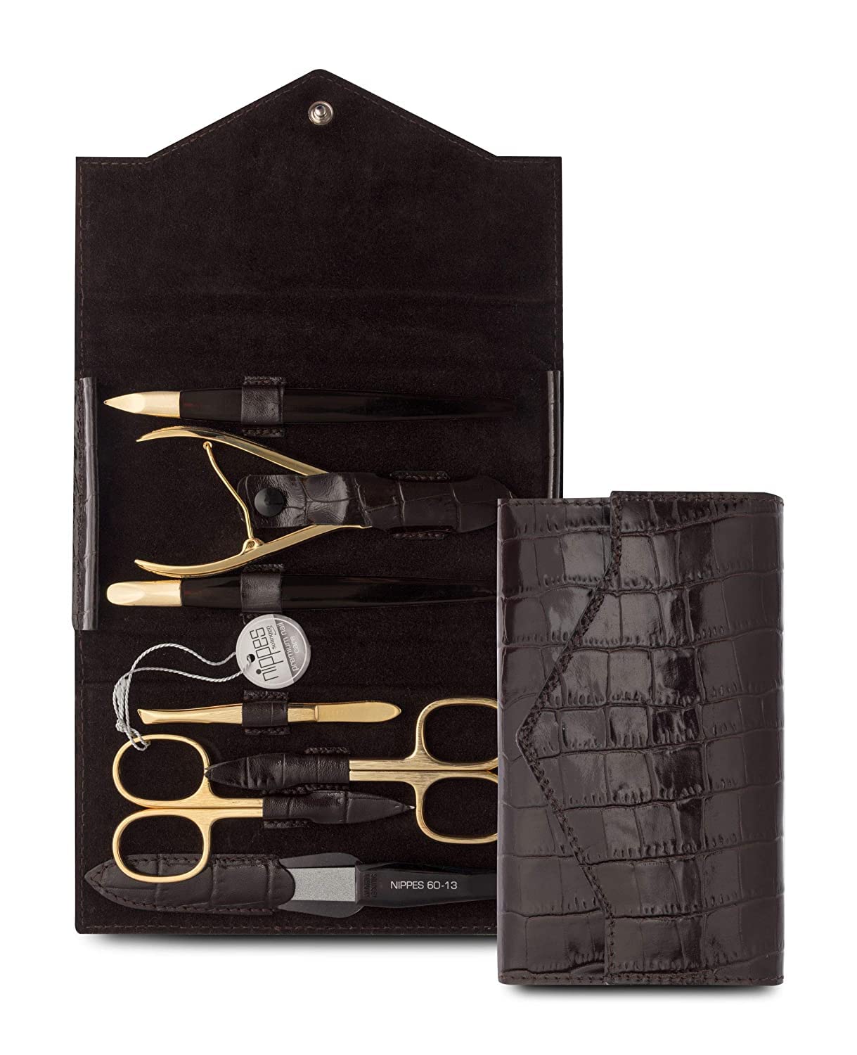 Nippes Solingen Manicure Set 7 Pieces Gold Plated Instruments Genuine Cowhide Leather Case in Crocodile Design with Press Stud Nippes Premium Line Dark Brown Gold-Plated