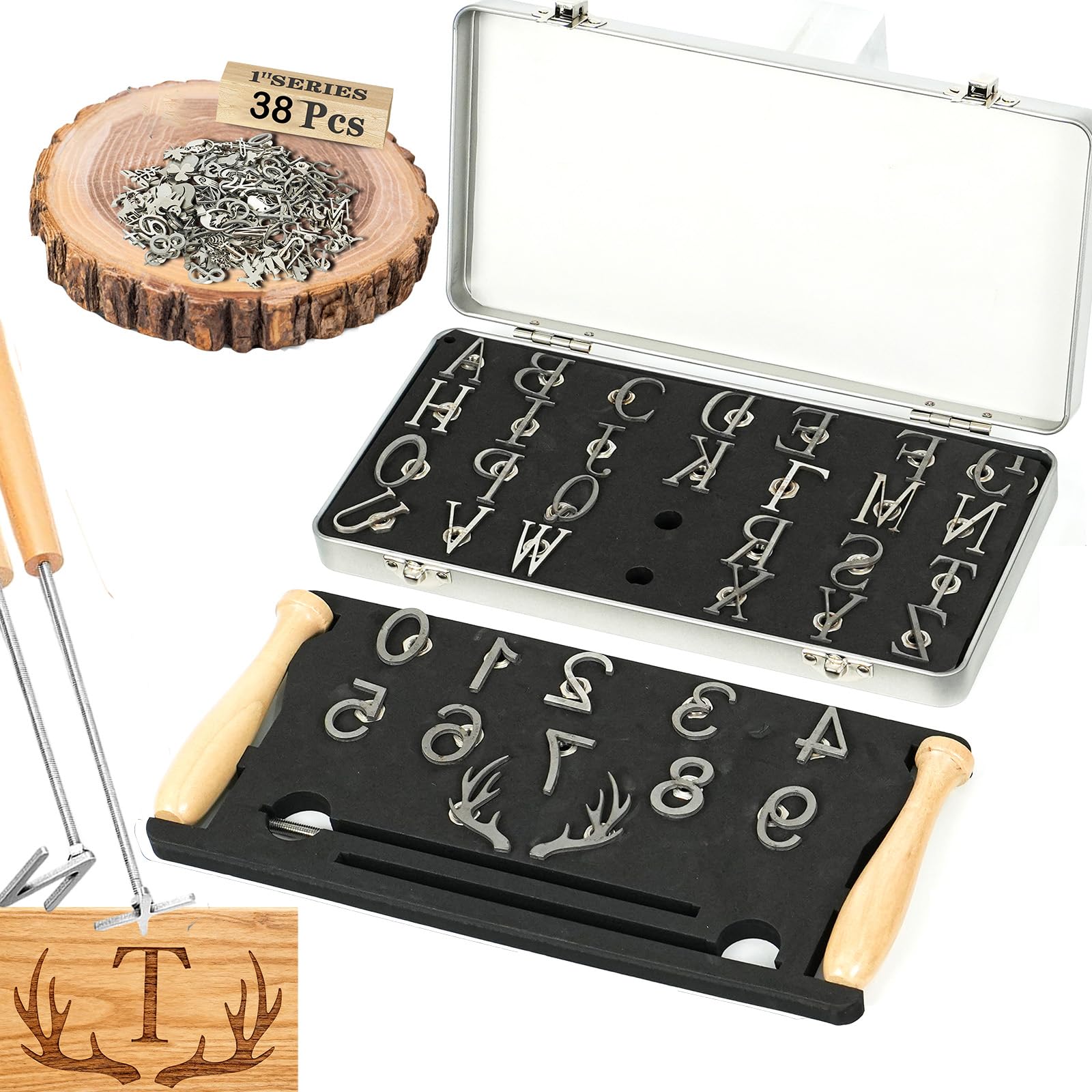 View 1 of 1" 38 Pcs Branding Iron Kit,A-Z Alphabet 0-9 Numbers and Antlers Design Gifts for Wedding & Handcraft for Wood Working DIY Leather Hat Craft Steak(38Pcs 1" Number/Alphabet/Christmas Antlers Set)