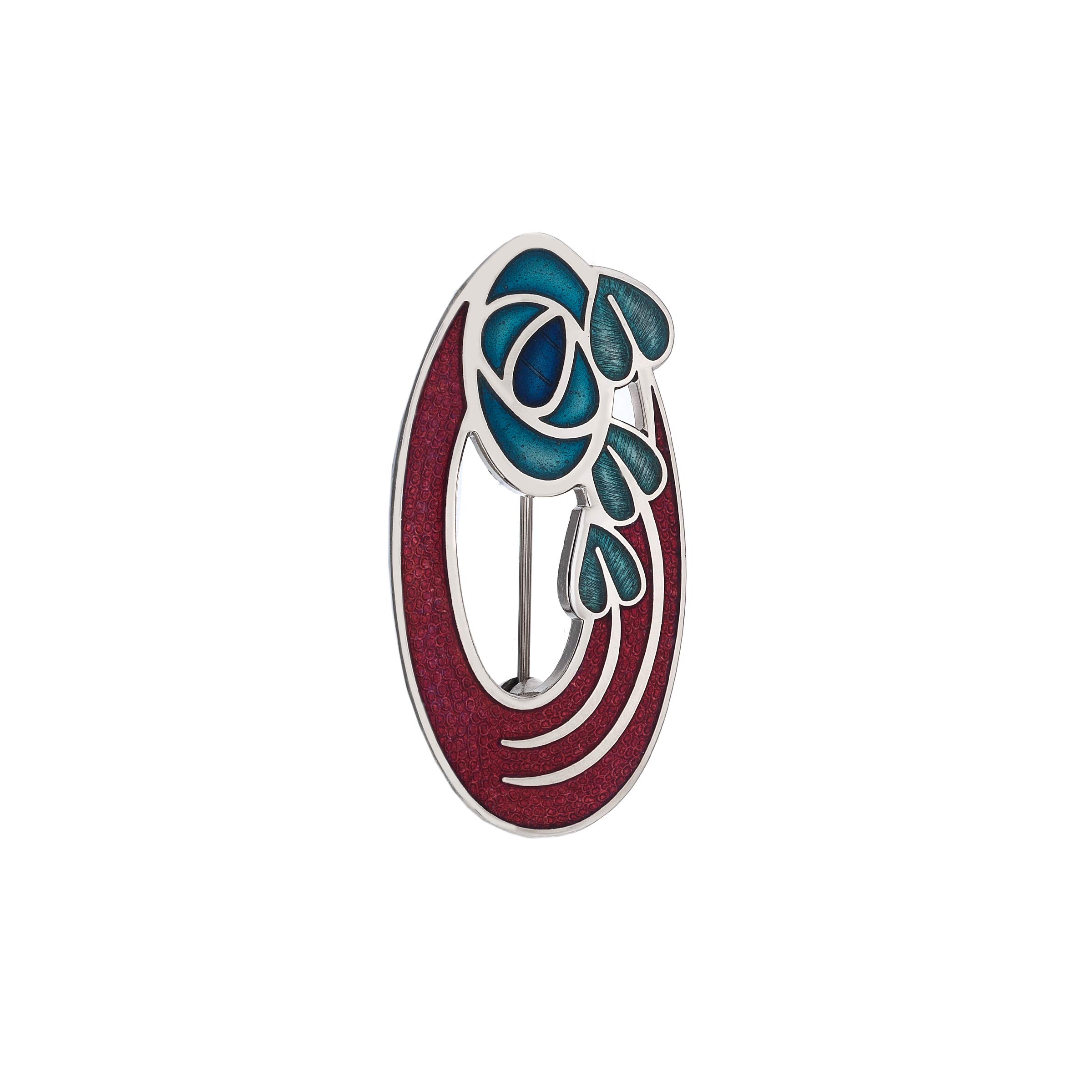 Sea Gems Ladies Enamelled 43Mm Oval Mackintosh Rose & Leaves Inspired Brooch with Gift Box (Red)