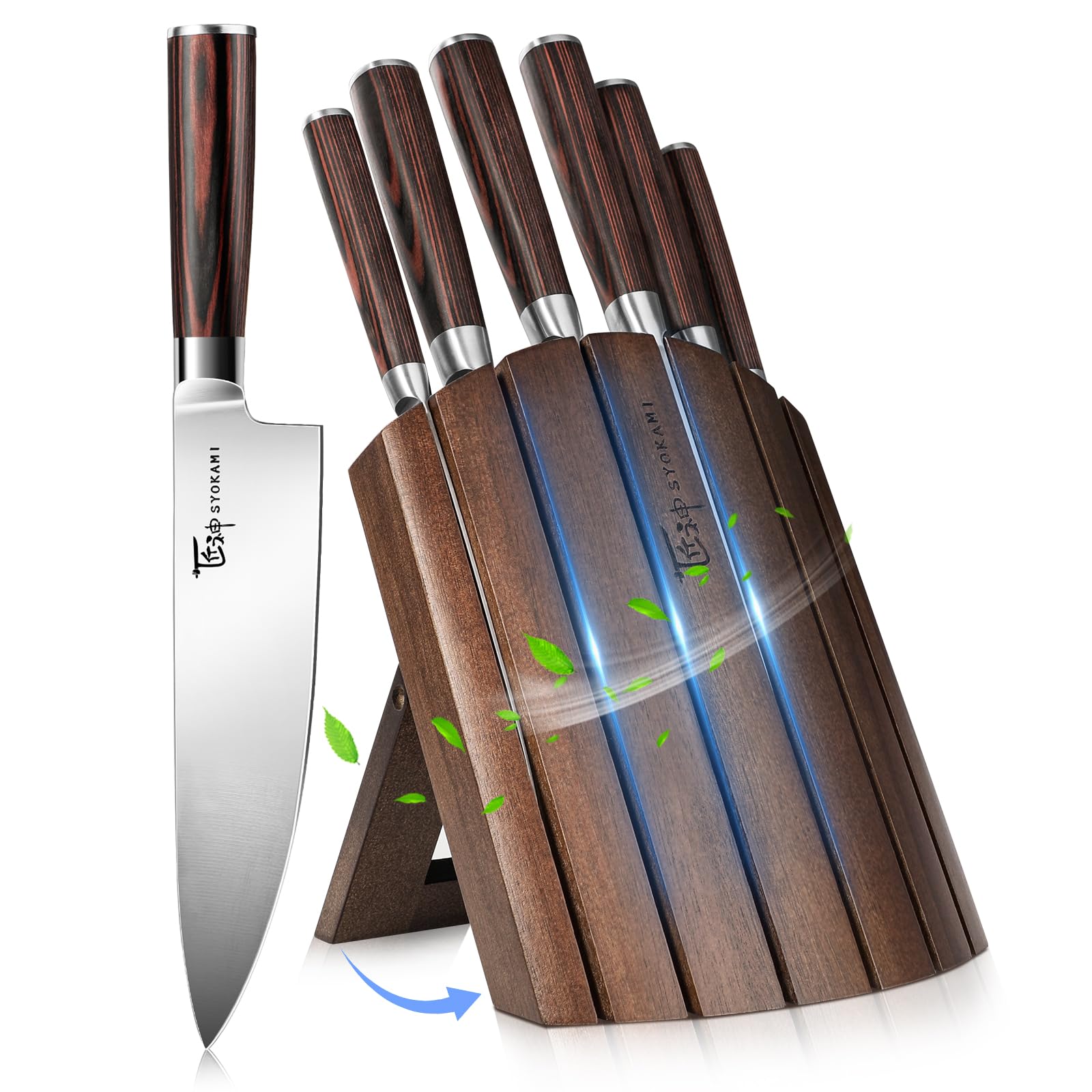 SYOKAMI Messerset 7-teiliges Küchenmesser-Set im japanischen Stil mit faltbarem magnetischem Akazienholzblock, scharfer Karbonstahl für die Küche mit rutschfestem ergonomischem Griff