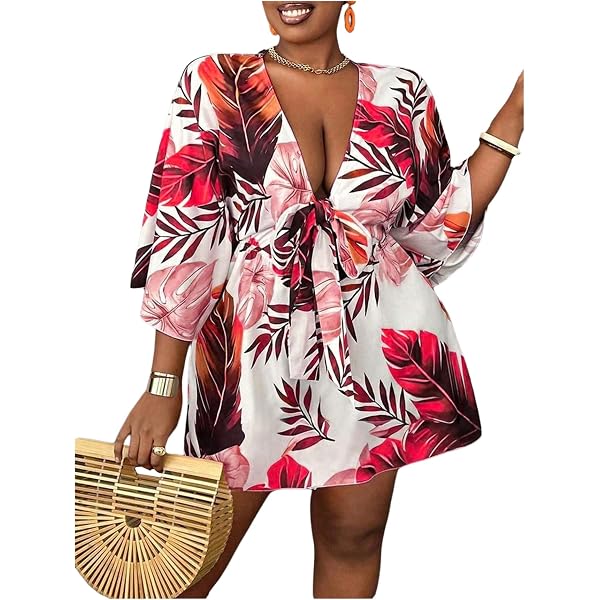 Floerns Plus Size Tropical Dress With Flounce Sleeves & Tie Front - A-Line Holiday Party, Beach & Vacation Outfit - View #7