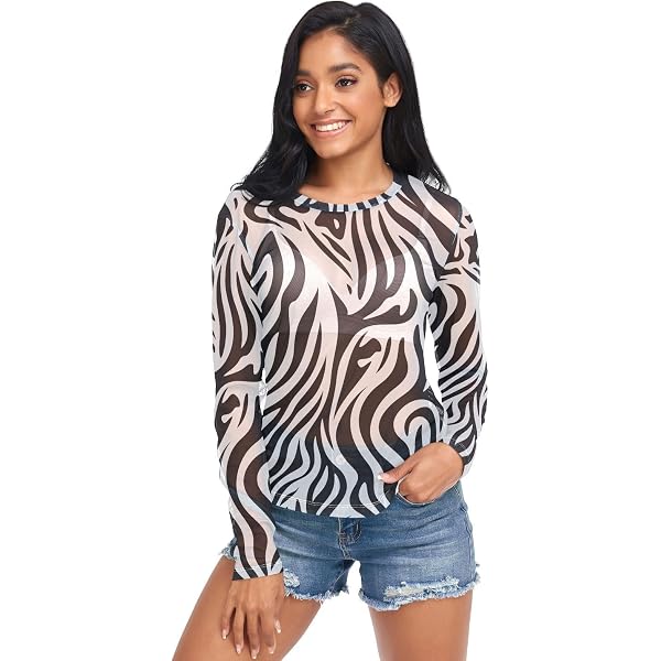 UMIRIKO Sexy Zebra Print Long Sleeve Sheer Tops for Women S