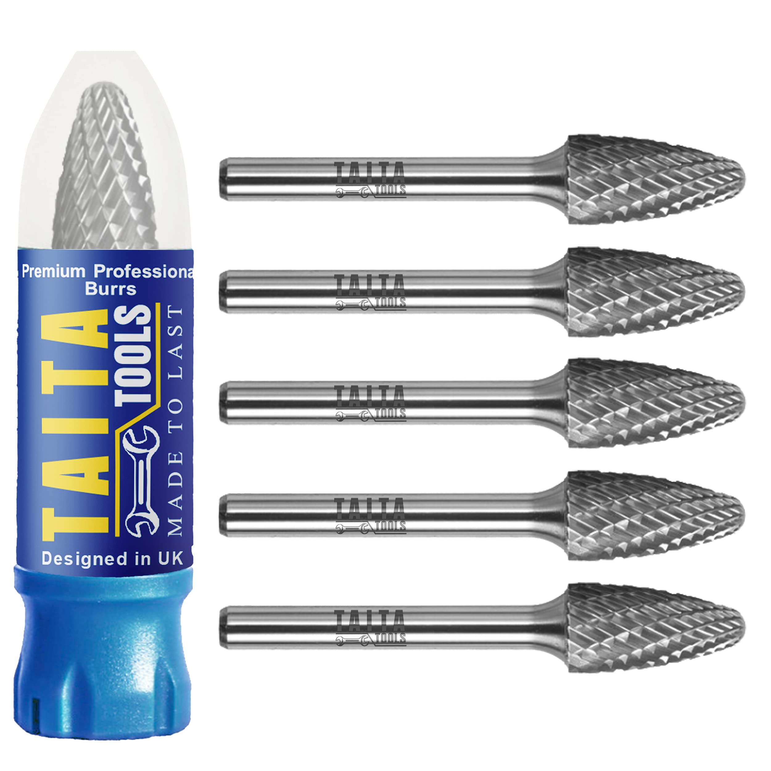 Carbide Burr 1/4" Shank, SF-5 Tungsten Double Cut Rotary Die Grinder Bits - Cutting Burrs for Milwaukee, Dewalt and Makita Die Grinder Accessories - Wood Carving Metal Working & Sturdy Storage Case