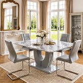 JUFU 5-Piece Dining Table Set for 4, 63-Inch Faux Marble with PU Chairs | Modern 63-inch faux marble table with 4 padded PU leather chairs; rectangular design for dining rooms and kitchens.
