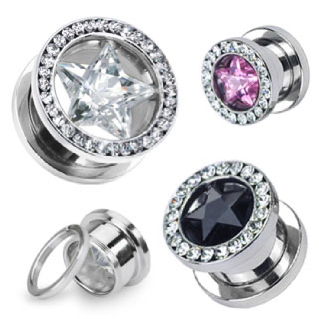 Dynamique Pair of Star CZ and Multi-Gemmed Rim 316L Surgical Stainless Steel Screw Fit Hollow Tunnel