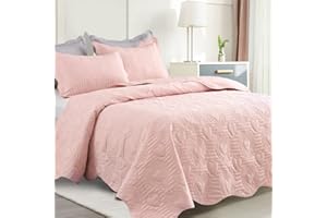 Auemtyn Full/Queen Size Quilt Set 3 Pieces, Soft Lightweight Summer Bedspread, Reversible Microfiber Bed Coverlet for All Seasons, Light Pink, Heart Pattern (1 Quilt, 2 Pillow Shams)