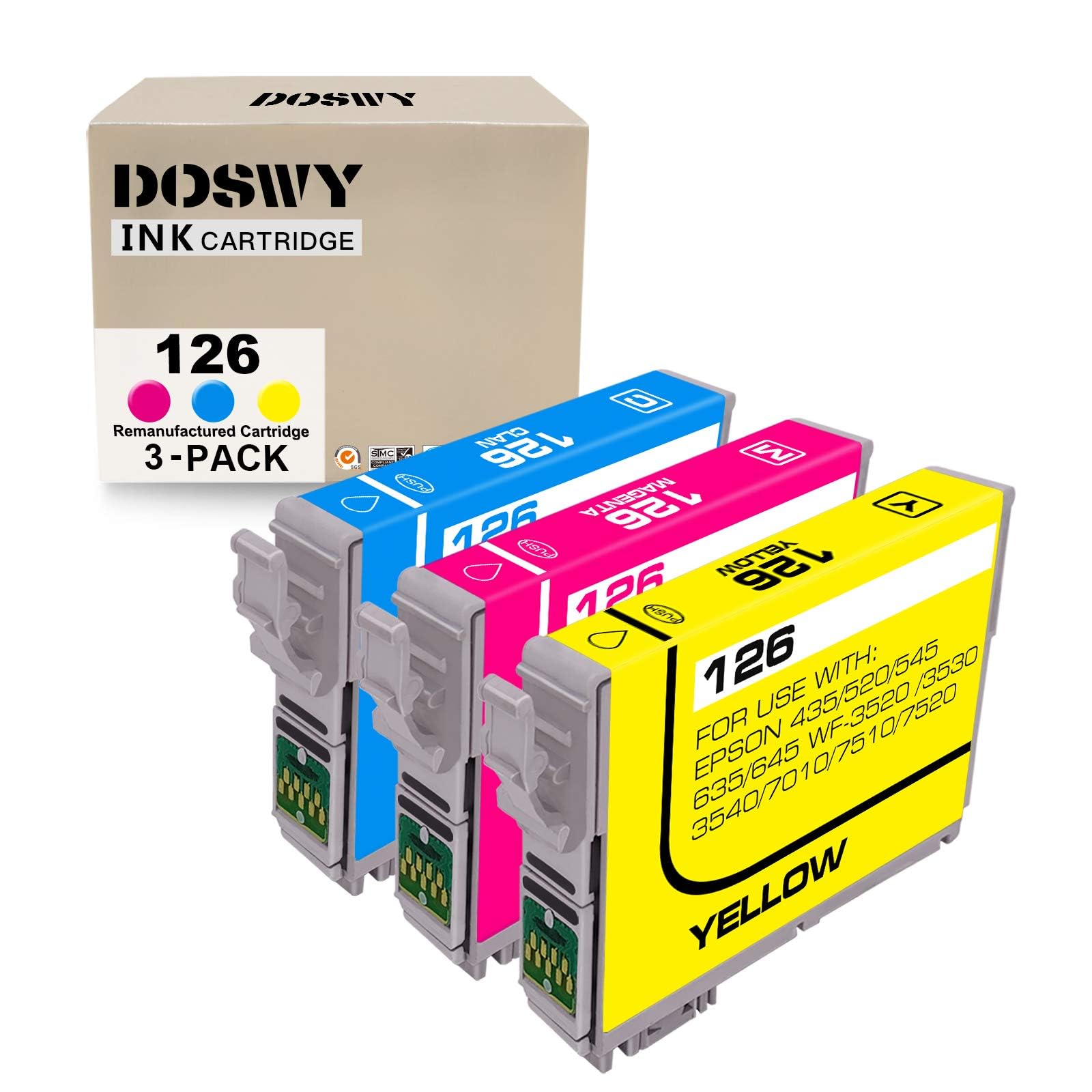 Photo 1 of Doswy 3 Pack T126 Remanufacture Ink Cartridges Replacement for Epson 126 T126 for Workforce 435 520 545 635 645 845 WF-3520 WF-3530 WF-3540 WF-7010 WF-7510 WF-7520 Printer (1 Cyan,1 Magenta,1 Yellow)