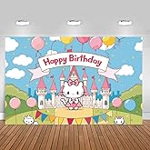 Castle and Cute Cat Backdrop Birthday Decorations, Castle and Cat Birthday Party Background Brown/Black Baby or Girl Birthday Banner Birthday Party Supplies (Pink, 7X5FT)