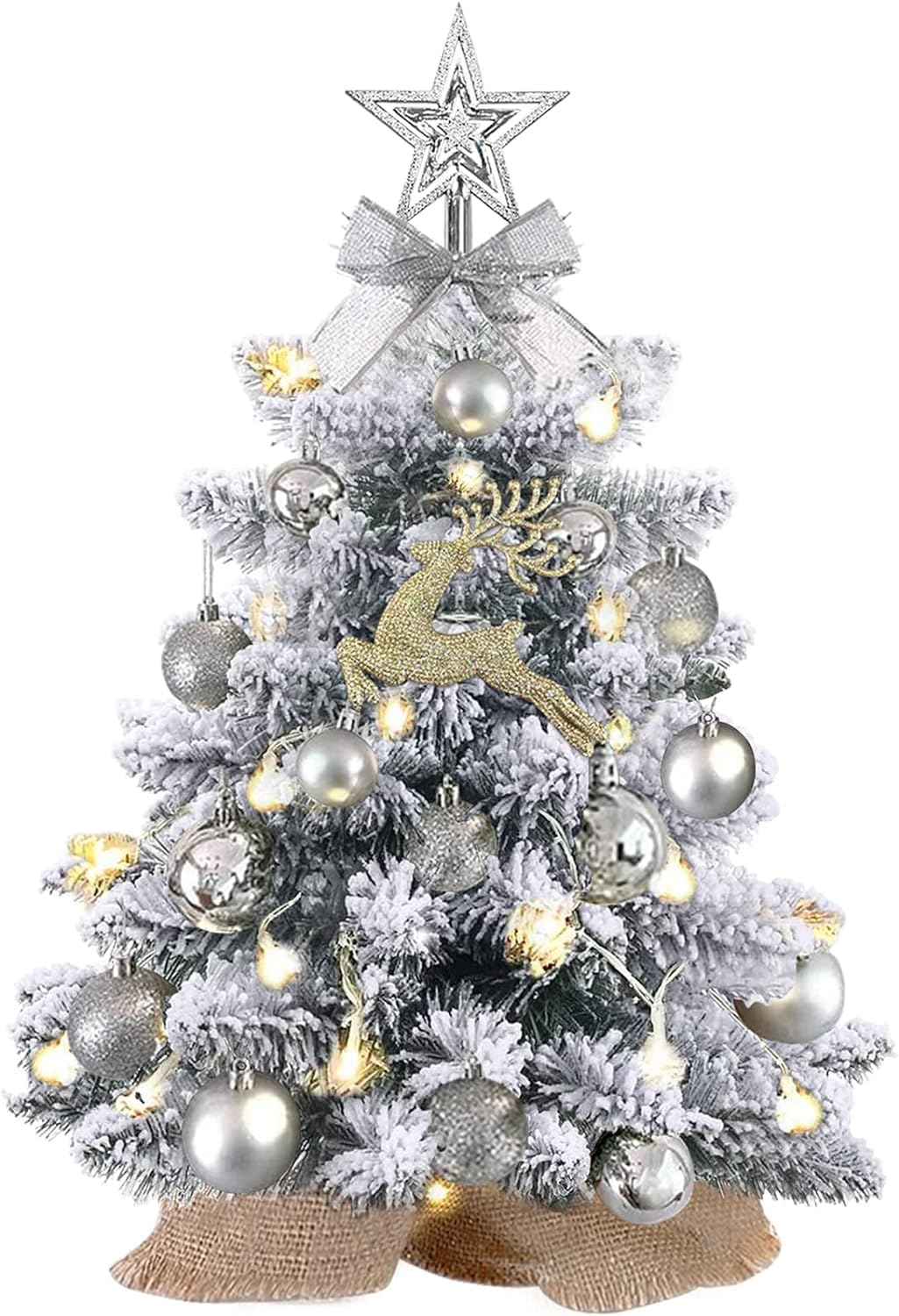 Trees - Mini Christmas Tree with Lights,24In/2ft Snow Flocked Pre-lit Tabletop Christmas Tree with 19 Decorations,Artificial Small Christmas Tree -for Table Desk Home Christmas DIY Decor