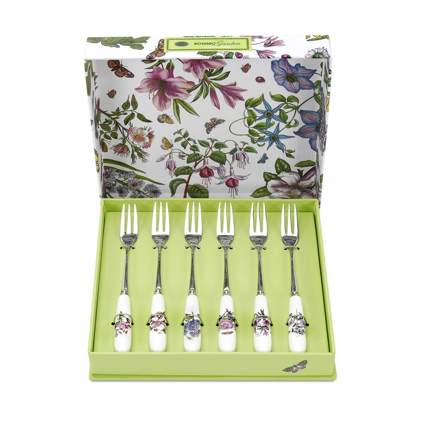 Portmeirion x Botanic Garden 6 Piece Pastry Fork Set - Elegant Porcelain Handle with Floral Design, Durable Stainless Steel Cutlery for Stylish Dining