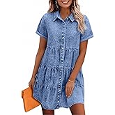 Acydar Denim Dress for Women Button Down Short Sleeves Casual Summer Jean Shirt Babydoll Denim Dress
