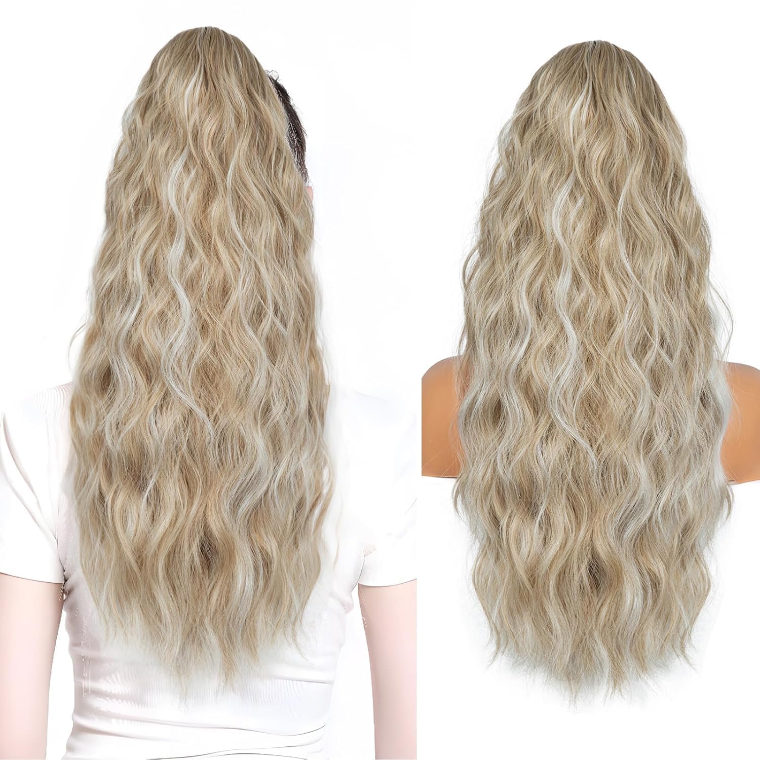 Photo 1 of 26 inch Drawstring Ponytail Extension for Women, Long Wavy Pony Tails Hair Extensions, Synthetic Hair Extensions Ponytail for Daily Use (Ash Blonde with White Highlights)