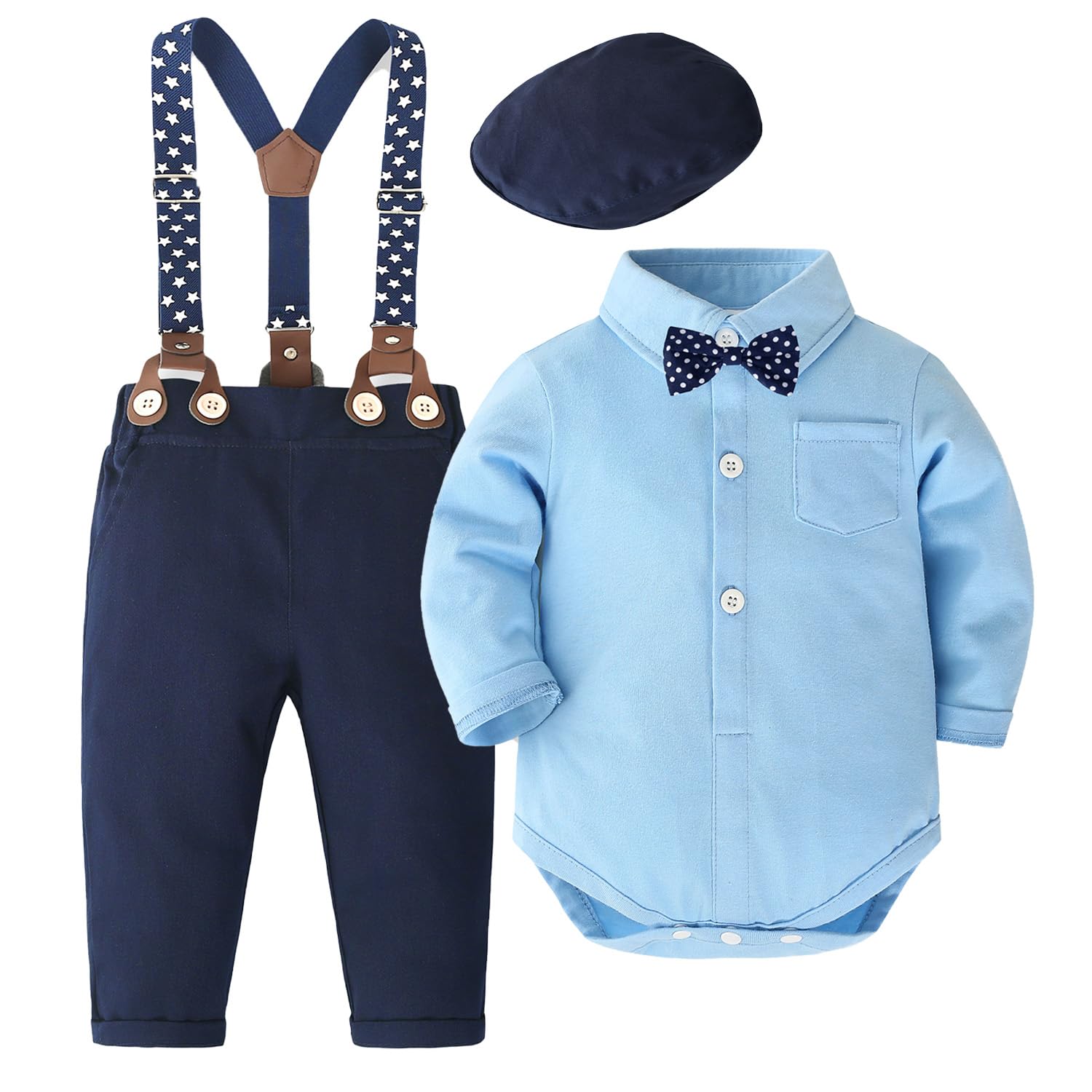 Photo 1 of Baby Boy Dress Suit Clothes Sets Infant Tuxedo Gentleman Suits Outfits Bowtie Shirt Suspenders Pants Beret Hat 0-24M(Blue 2,0-3 Months)