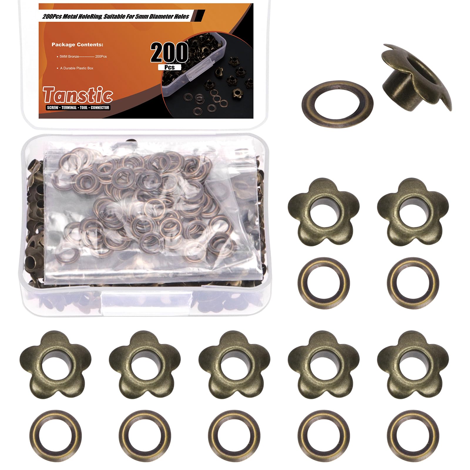 Tanstic 200Pcs 3/16 Inch Grommet Eyelets Metal Eyelets Flower Eyelet Grommets for Shoes Bag Leather (Bronze)