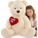 BENINY Big Teddy Bears, Giant White Teddy Bear Stuffed Animals with Embroidered I Love You for Girlfriend, Red Heart Fluffy Teddy Bear Birthday Gifts 36 inches