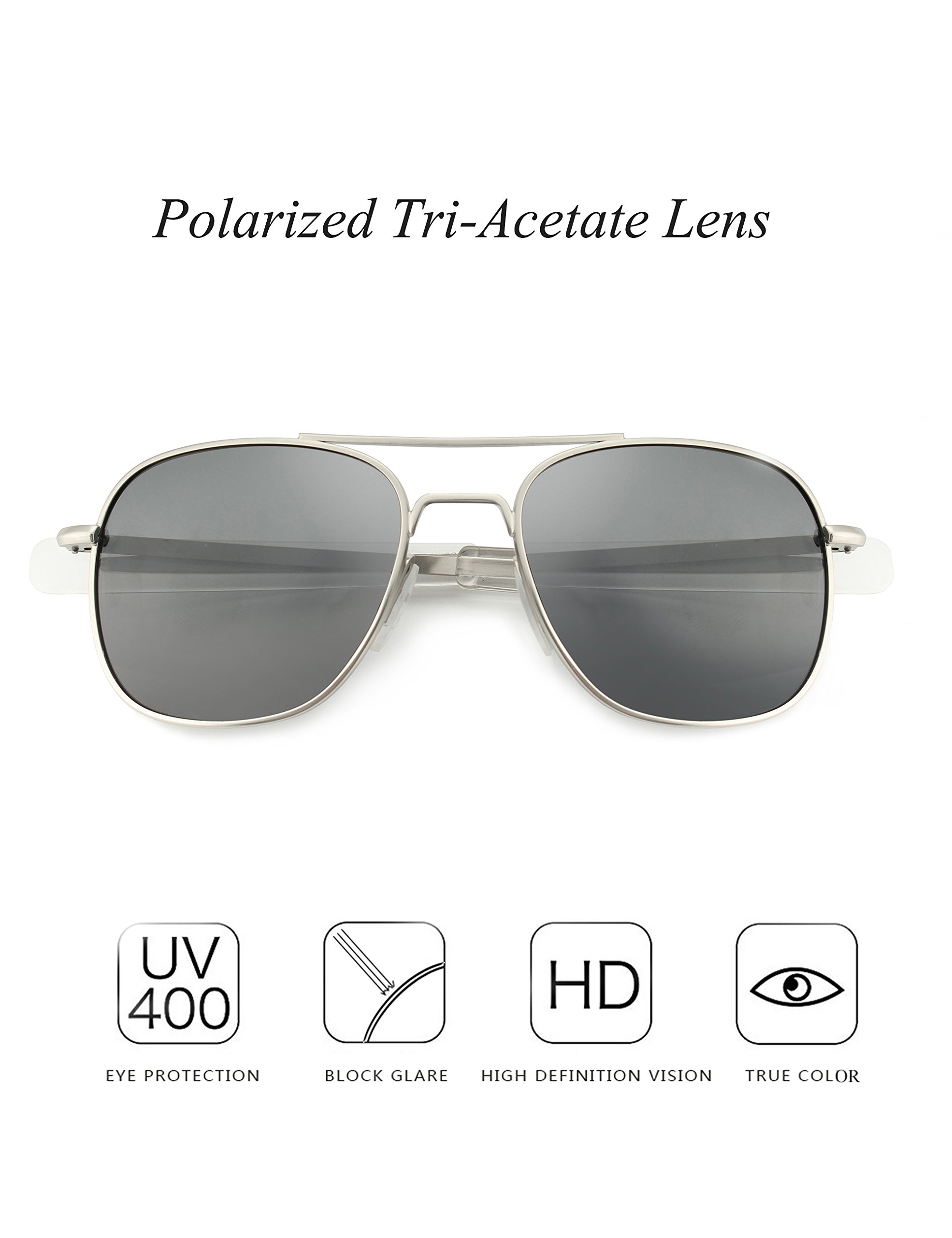 WELUK Men\'s Pilot Aviator Sunglasses Polarized 55mm Military Style with Bayonet Temples (Silver/Grey, 55)