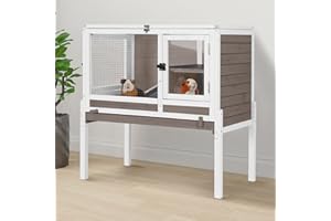GUTINNEEN Indoor Rabbit Hutch Guinea Pig Cages with Chew-Proof Ramp, 2-Story Wooden Bunny House with Pull-Out Tray & Leakproof PVC Layer, Small Animal Cage with Detachable Legs