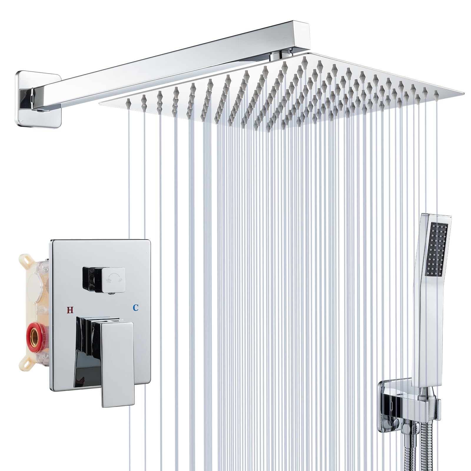 ROVOGO Chrome Wall Mounted Shower System with Concealed 2-Way Diverter, 25x25cm Overhead Rain Shower Head, Hand Shower, All Metal Shower Mixer Tap Set, Brass&Stainless Steel 304, Twin Head Shower Set