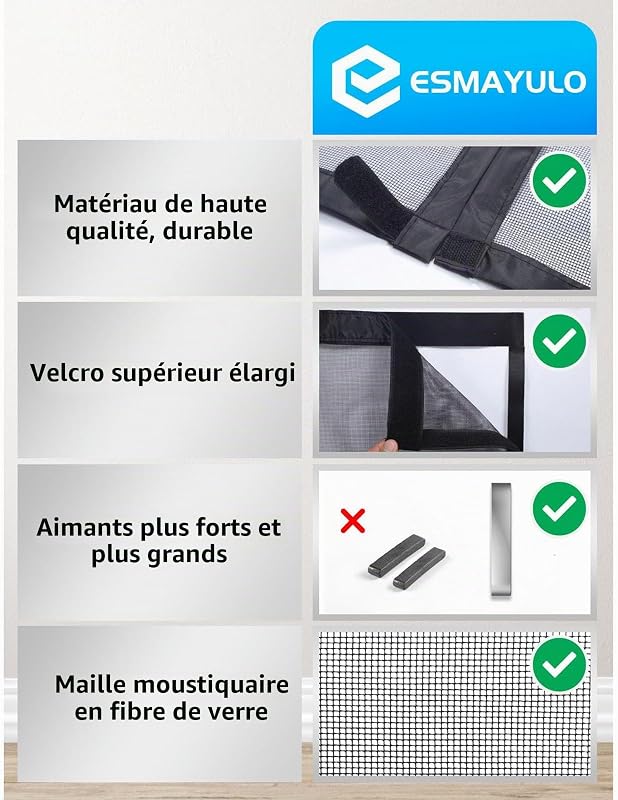 Moustiquaire Magnétique pour Porte 75x210 cm, Fibre de Verre, Noire