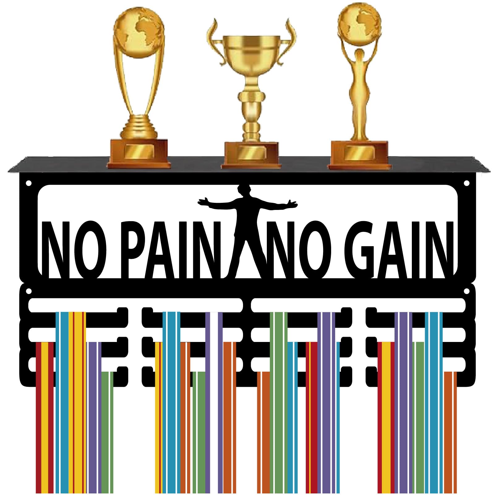 CREATCABIN Medal Hanger Display Trophy Shelf Medal Holder with Shelf Stand Sports 4 Rows Metal Hanging Wall Mount Frame Hold 70+ Medals for Running Ribbon Medals Rack 15.7x7.9Inch-No Pain No Gain