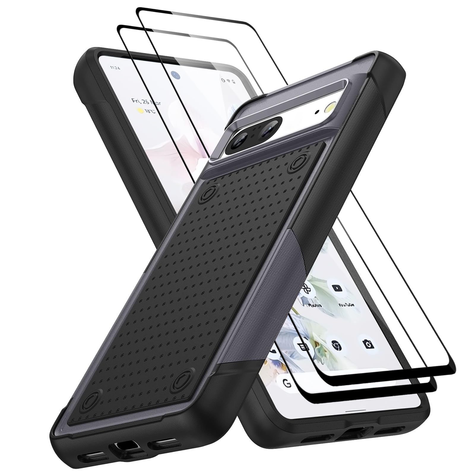 Jeylly 3 in 1 Case for Google Pixel 7 with 2Pcs Tempered Glass Screen Protector, Heavy Duty Dual Layer Hard PC Soft TPU Bumper Shockproof Protection Cover Case for Google Pixel 7 (6.3 inch), Gray — image 1