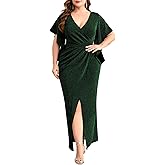 TIARALY Plus Size Sparkly Formal Dress Maxi Ruched V Neck Slit Cocktail Gala Holiday Wedding Guest Prom Evening Gown