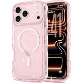 Pepmune Magnetic for iPhone 17 Pro Max Case Clear Glitter, Pink | Sparkly Bling Cute Curly Wave Transparent Cover for Women Men, Compatible with MagSafe, TPU Shockproof Protective Phone Case