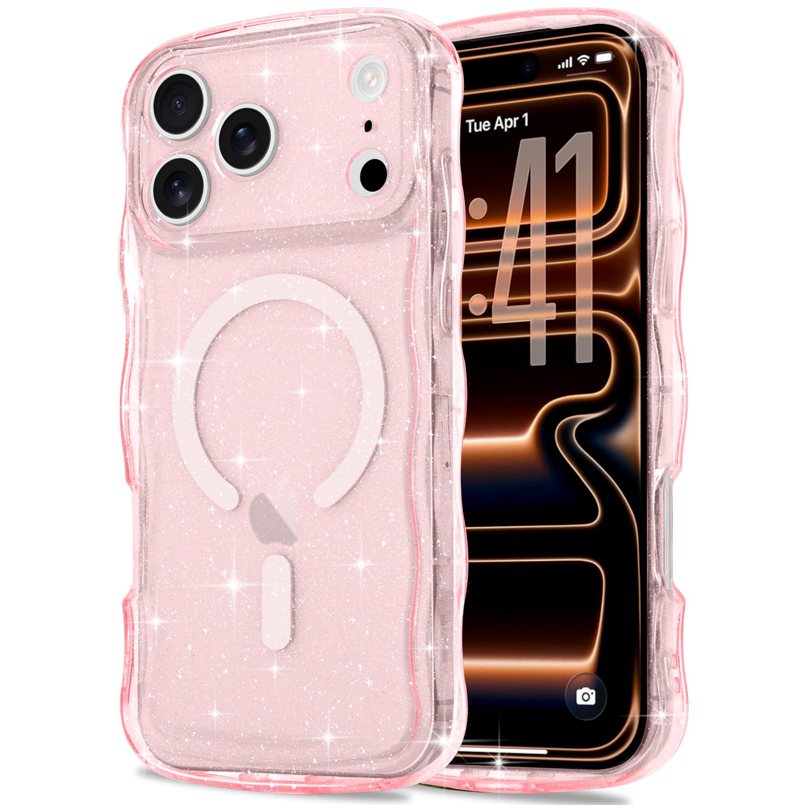 Pepmune Magnetic for iPhone 17 Pro Max Case Clear, Sparkly Bling Glitter Cute Curly Wave Cover for Women Men Compatible with MagSafe TPU Shockproof Protective Phone Case for iPhone 17 Pro Max, Pink