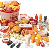 Hydeem 80 Pcs Pretend Play Food Toy for Kids Kitchen Aged 3 4 5, Fast Food Set with Storage Bucket, Pizza, Burger, Ice Cream, Hot Dog, Educational Birthday Toy Gift for Boys Girls