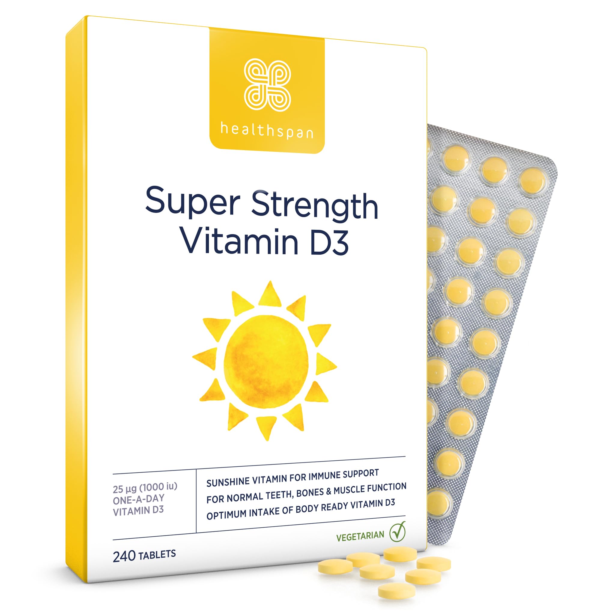 Healthspan Super Strength Vitamin D3 | Immune Health | Bone, Teeth & Muscle Health | Contains 1,000iu of Natural Source Vitamin D3 in Each Tablet | Vegetarian (240 Tablets)