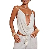 SweatyRocks Women's Cowl Neck Backless Halter Top Crisscross Seashell Chain Going Out Cami Crop Tops