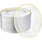 R-kay 100 Pack Clear Gold Plastic Plates - 6.25 IN Gold Rimmed Sturdy, Durable And Extra Heavy duty Gold Plastic Dessert Plates Disposable - Appetizer Plates Disposable For All Occasions