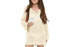 XUBA Girl Cover Up Crochet Swimwear V Neck Knit Long Sleeves Summer Beachwear Cover Tops