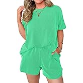 miduo Womens 2 Piece Sets Ribbed Textured Knit Casual Short Sleeve Shirts Shorts Two Piece Lounge Matching Set