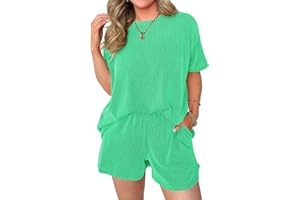 miduo Womens 2 Piece Sets Ribbed Textured Knit Casual Short Sleeve Shirts Shorts Two Piece Lounge Matching Set