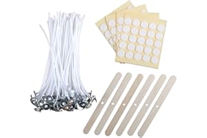 MILIVIXAY 6" Candle Wick Bundle: 100PCS Candle Wicks, 100PCS Candle Wick Stickers and 6PCS Wooden Candle Wick Holders - Wicks Coated with Paraffin Wax, Cotton Wicks Kits for Candle Making.