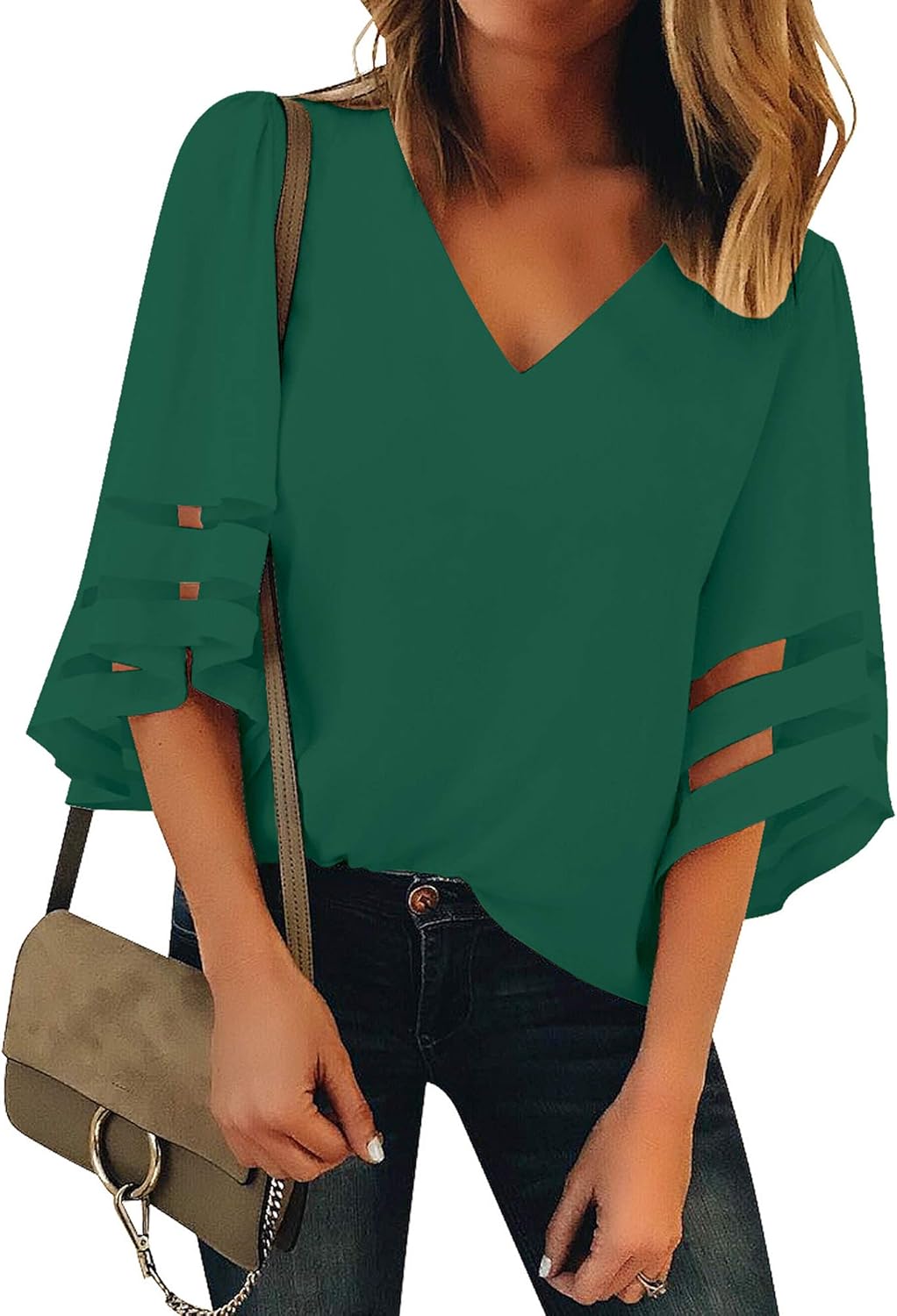 Vetinee Women's 3/4 Bell Sleeve Shirt Mesh Panel Blouse V Neck Casual Loose Tops at  Women’s Clothing store
