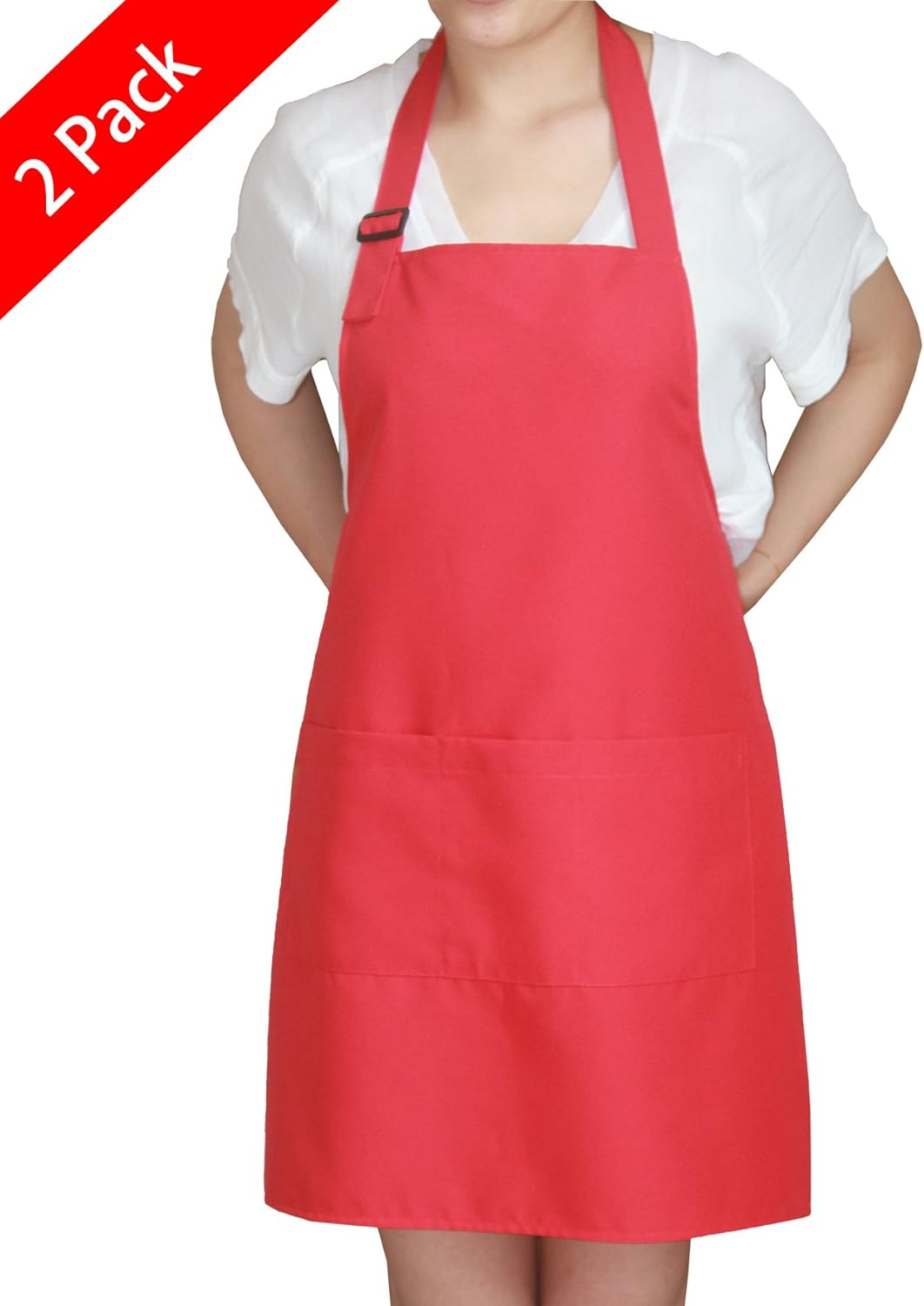 SEW UR LIFE ChristmasRed Professional Waterdrop Resistant Adjustable Extra Long Bib Apron 3 Pockets(2 Set) Home Kitchen Garden Restaurant Cafe Bar Pub Bakery for Cooking Chef Baker Servers Craft