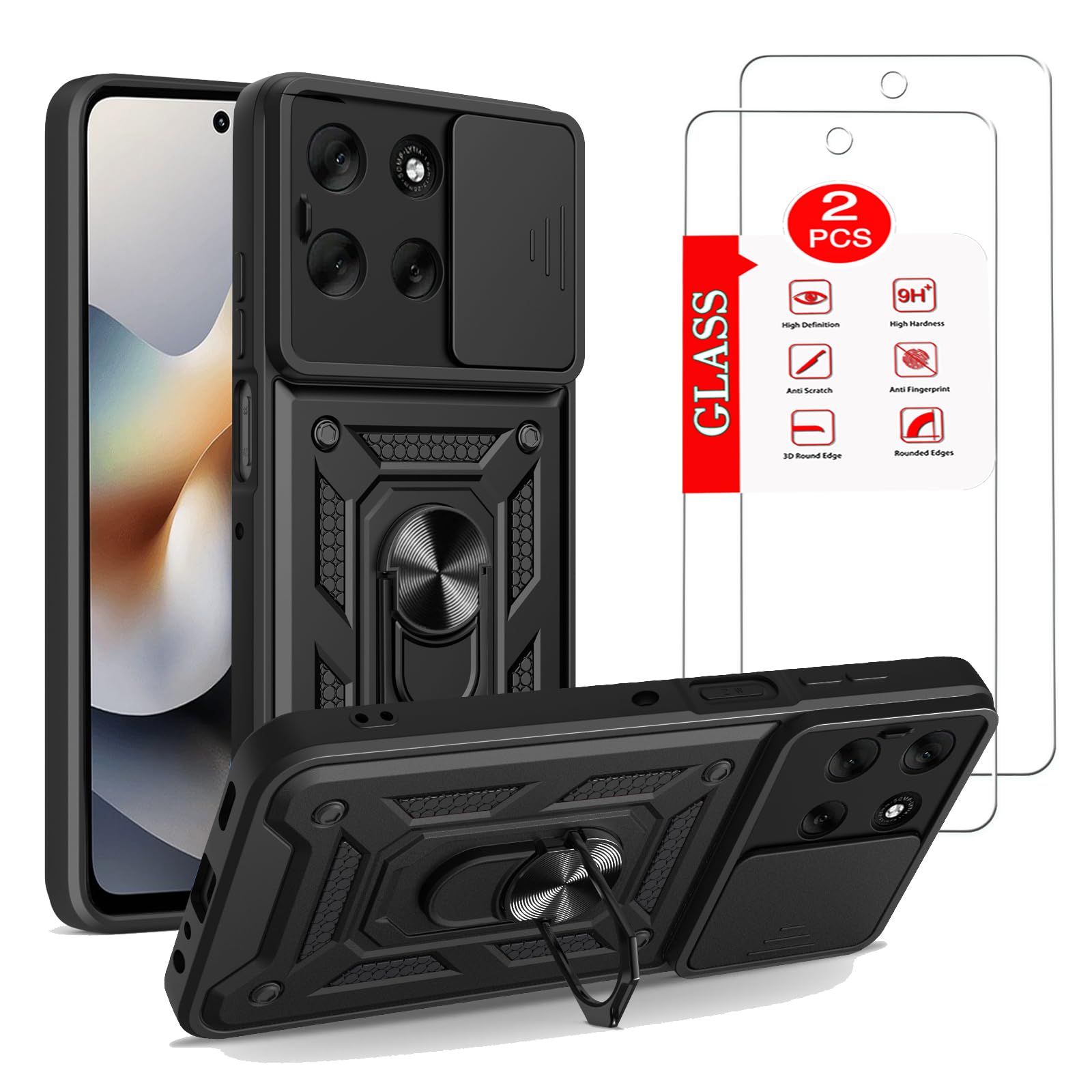 for Motorola Moto G56 5G Case with [2 Pack] Tempered Glass Screen Protector, for Moto G56 Case Heavy Duty Armor [Military-Grade] Protective，with Lens Protects Magnetic Stand Cover Black