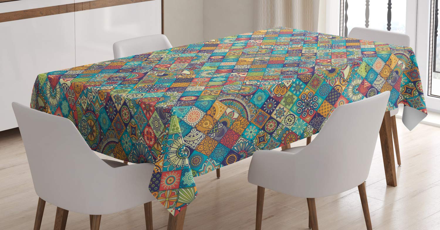 ABAKUHAUS Moroccan Tablecloth, Floral Abstract Ornate Floral Arrangement Oriental Motifs Foliage Pattern, Dining Room Kitchen Table Cover, 54" x 94", Turquoise Green Yellow