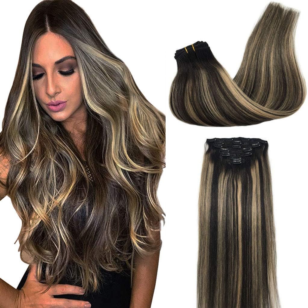 GOO GOO Clip in Human Hair Extensions, 24inch 120g 7pcs, Hair Extensions Clip in, 1B/19/1B Balayage Black to Light Blonde