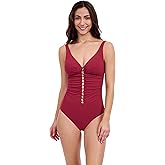 Profile by Gottex Tutti Frutti D-Cup V-Neck One Piece - Gold Beaded Ladder Detail, Built-in Soft Cups, Adjustable Straps