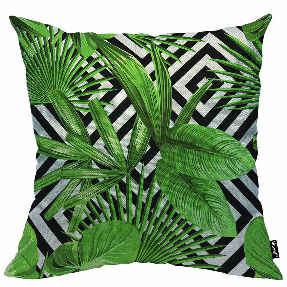 Mugod Green Palm Leaf Cushion Cover Throw Pillow Covers Summer Exotic Jungle Plant Tropical Palm Leaves on The Black White Pillow Case for Men Women Decorative Home Sofa Chair Couch 45x45cm/18x18 Inch