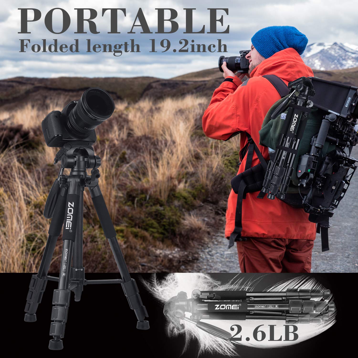 ZoMei Z666 Portable Travel Camera Tripod Lightweight 3-Level Height Adjustable Aluminum Tripod for DSLR SLR Nikon Sony Canon DV Video with Carrying Bag(Black)