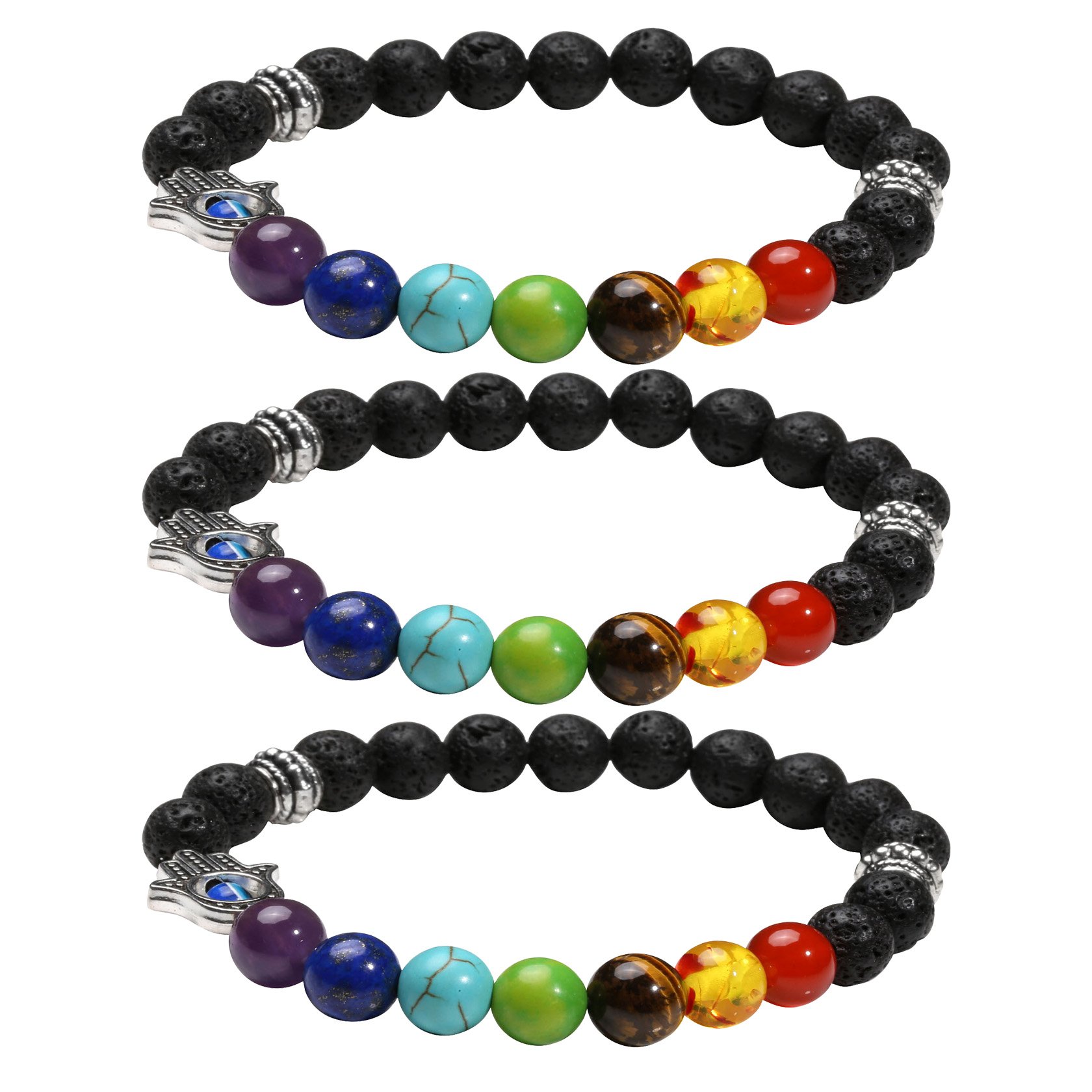 MILAKOO 3Pcs Lava Rock Hamsa Hand Evil Eye Meditation Yoga Stretch Bead Bracelet 3Pcs Gift for Her — image 1