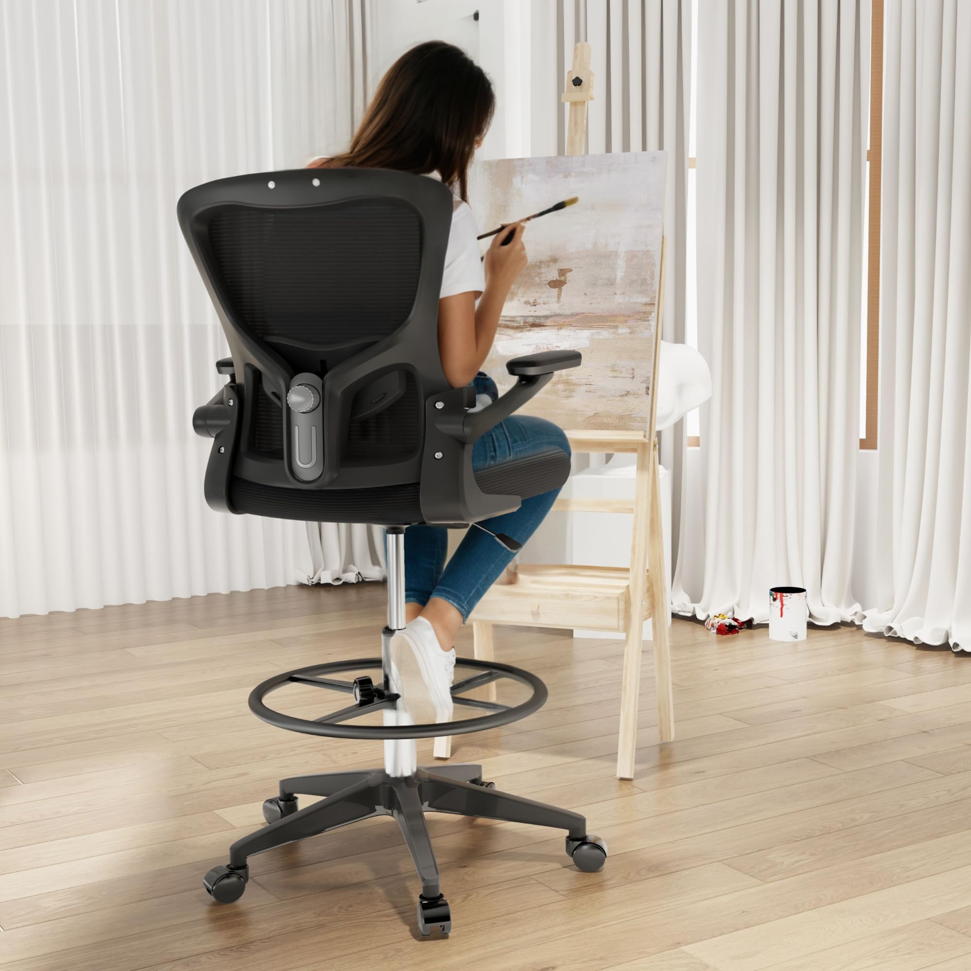FLEXISPOT Big and Tall Mesh Office Drafting Chair, Comfortable Computer Chairs with Adjustable Lumbar Support and 3D Flip-Up Armrests, Standing Desk Chairs for Drawing Work(Black), TC1-NEW