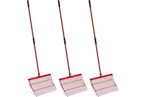 Lasnten 3 Sets Manure Fork with Long Metal Handle Pitch Fork Manure Rake Heavy Duty Muck Rake for Gardening Horse Stall Stable Grass Hay Cleaning Farm Work(Red)