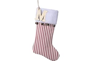 JKSVE 19.5 inch Red Vertical Stripe Christmas Stocking w/Bells, Personalized Wooden Initial Monogram Christmas Stocking, Holiday Xmas Party Decorations (M)